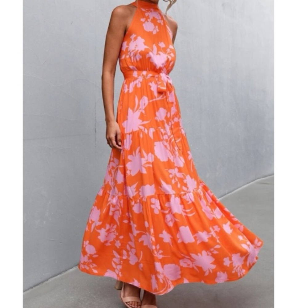 Boho pink floral print belted halter maxi dress - Picture 5 of 12
